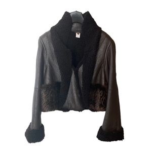 Vera Wang Real Shearling Genuine Leather with Fox Fur Swing Jacket (Dark Brown)